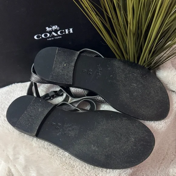 Coach Elaine Metallic Pebble Leather Gunmetal Sandals - Picture 5 of 5